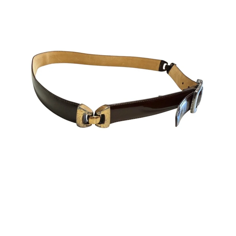 Brighton Womens Belt Brown Leather Silver‎ Interlocking Buckle Vintage Large